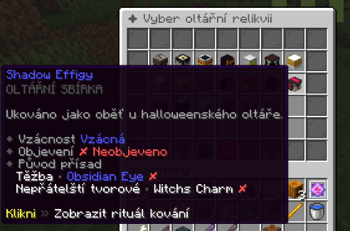 Výběr oltářní relikvie s přehledem chybějících přísad